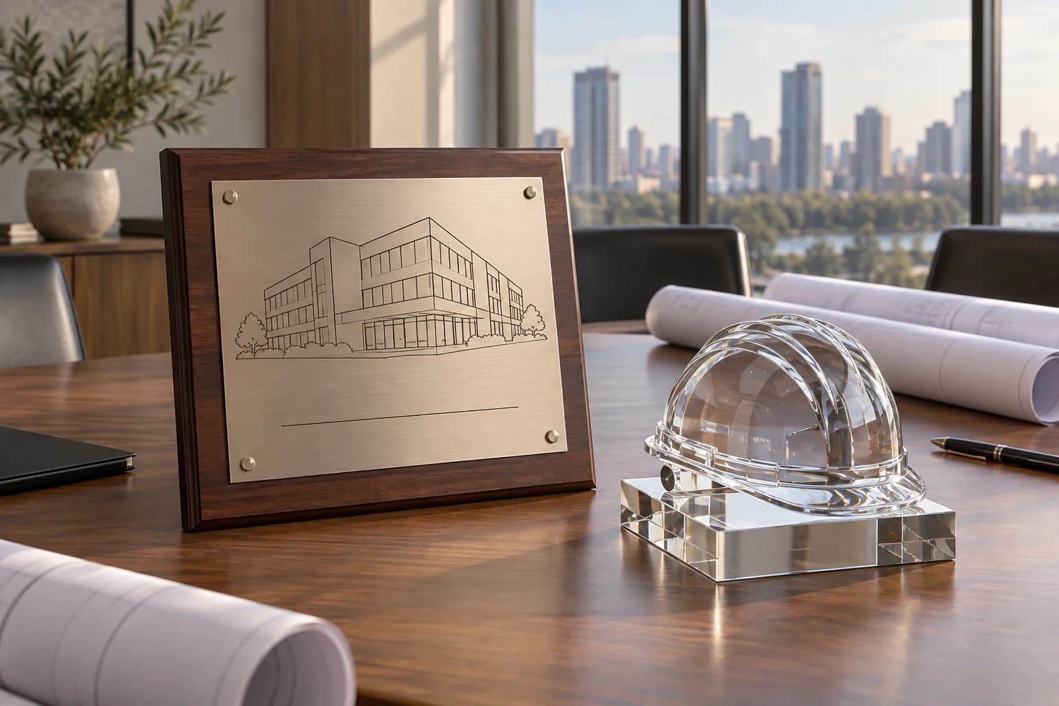 Project plaque and hard-hat award with rolled planning sheets
