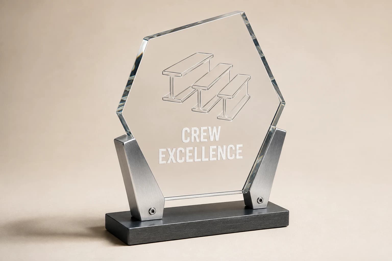 Clear acrylic crew award supported by folded aluminum brackets on a gunmetal base.