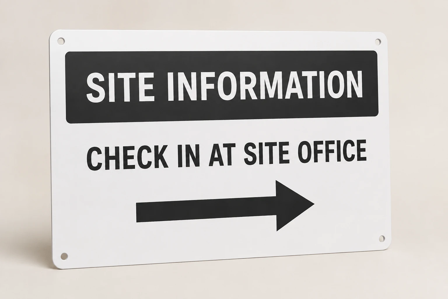 White aluminum jobsite check-in information sign with mounting holes.