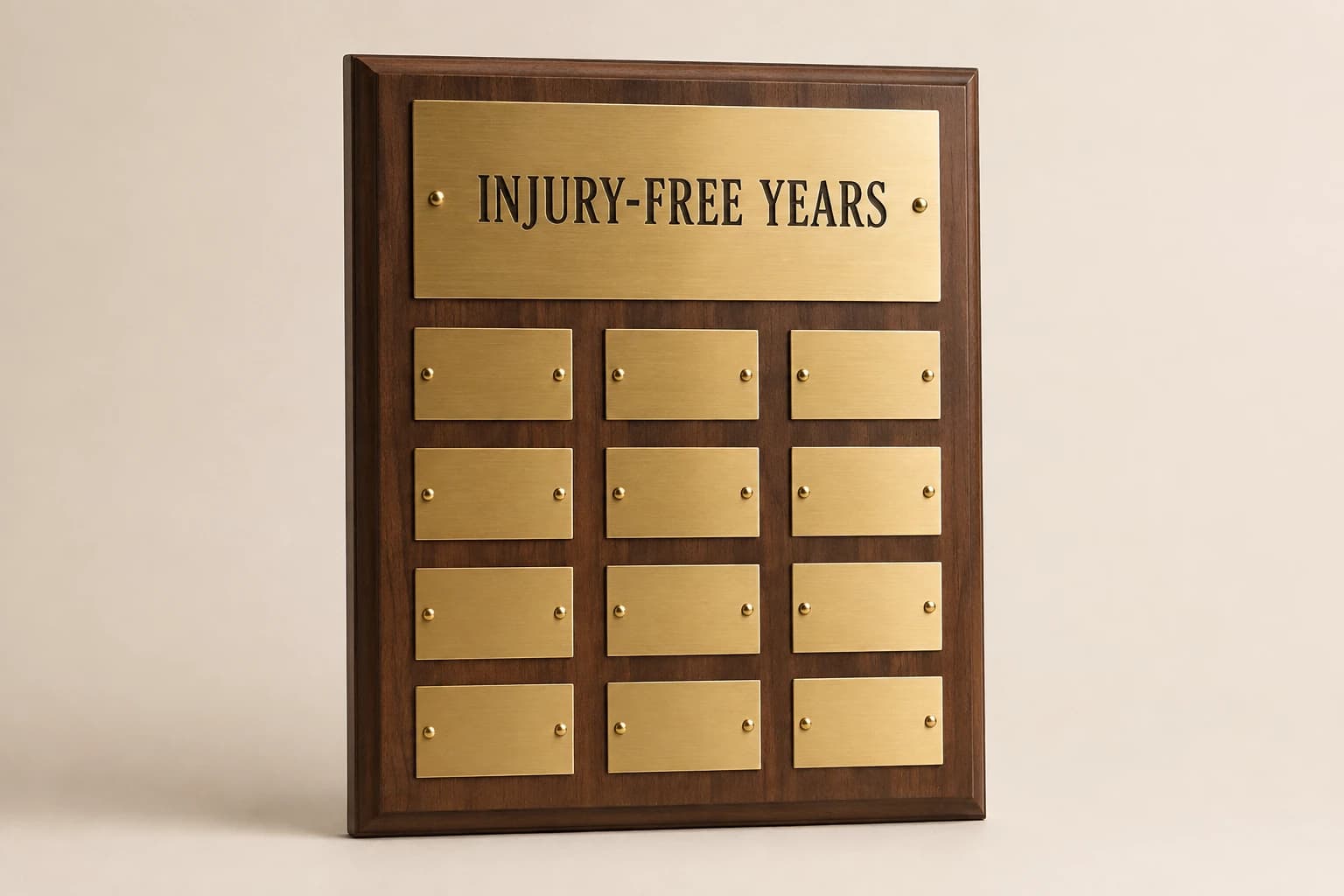 Walnut perpetual plaque with twelve blank brass year plates.