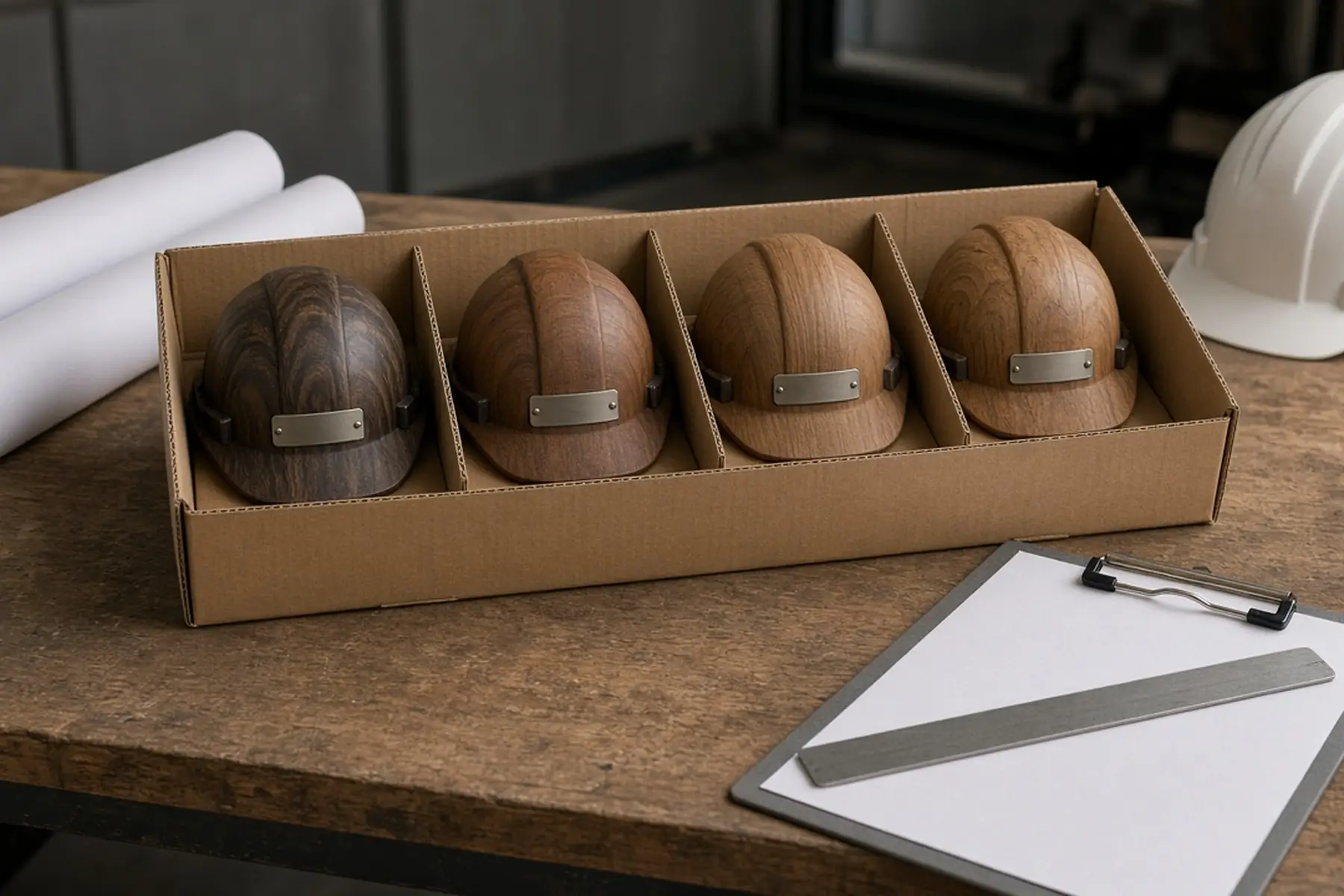 Coordinated order concept: matching Hard Hat Style Safety Award pieces grouped and separated for packing