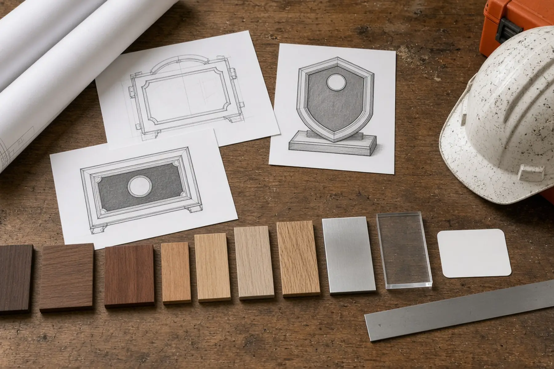 Design planning concept for a Project Completion Plaque: sketches, material swatches and a blank sample shape