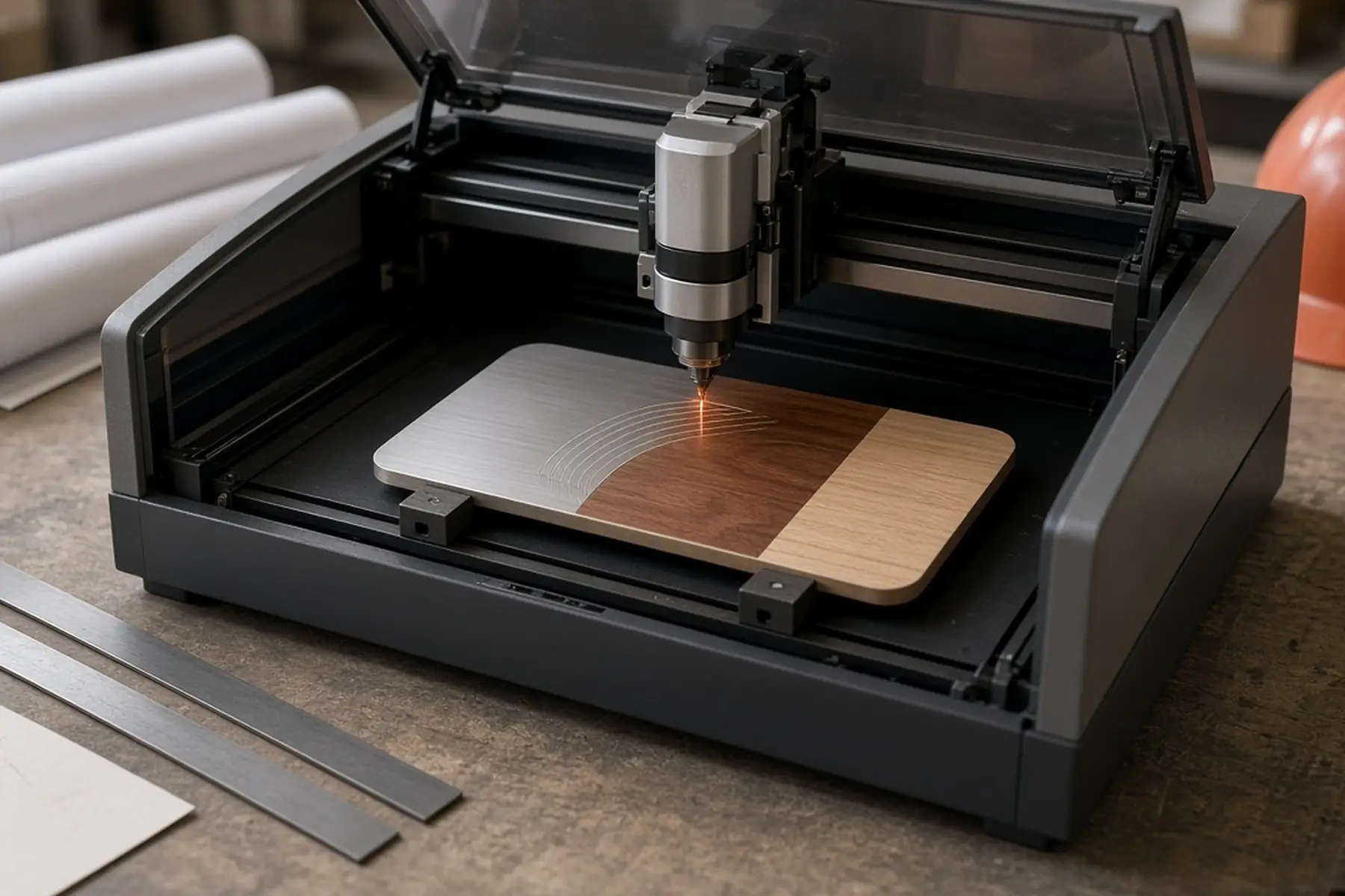 Engraving concept: a blank plate for a Project Completion Plaque inside an enclosed marking machine
