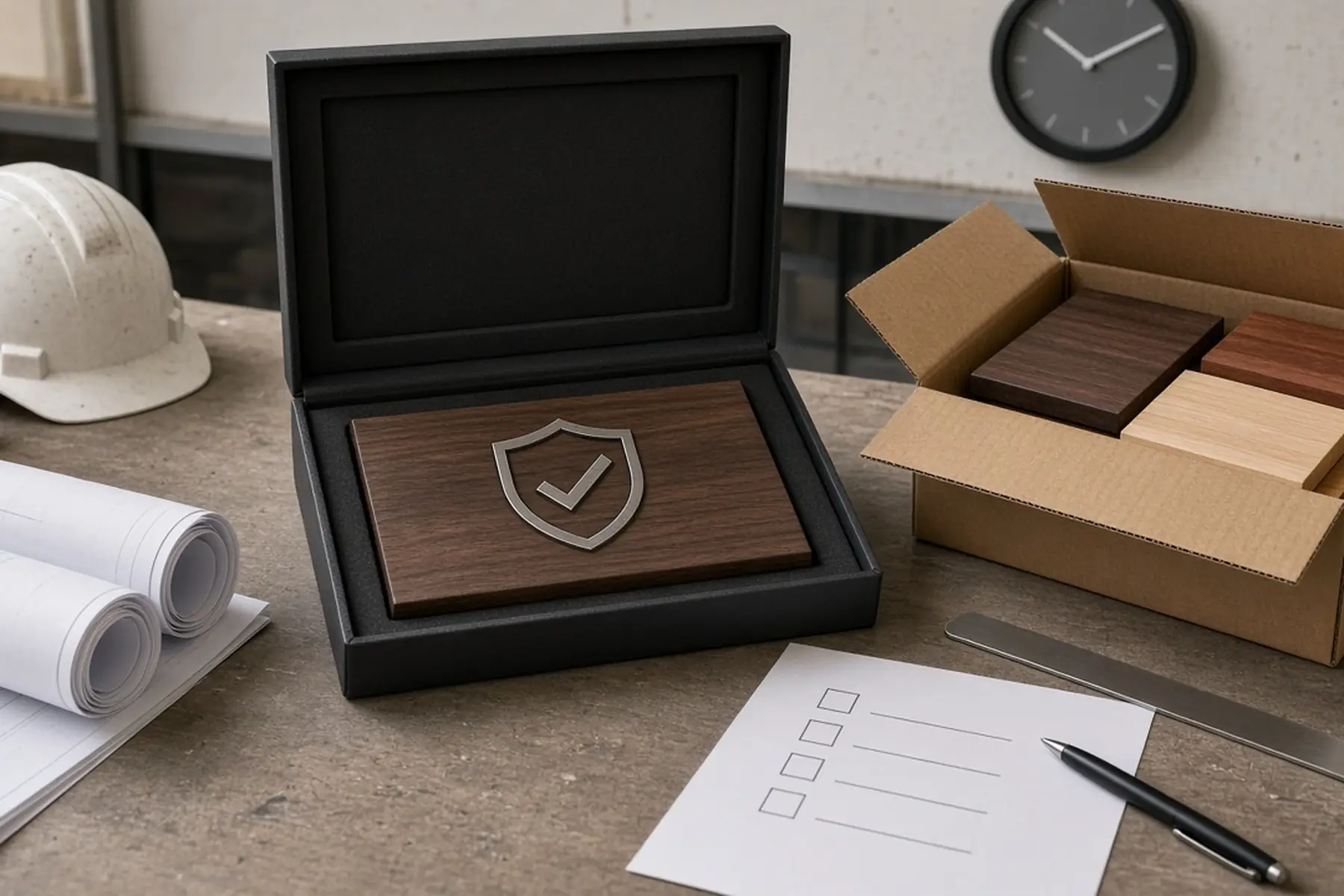 Rush planning concept: a Safety Milestone Plaque, carton and checklist arranged around an arrival date